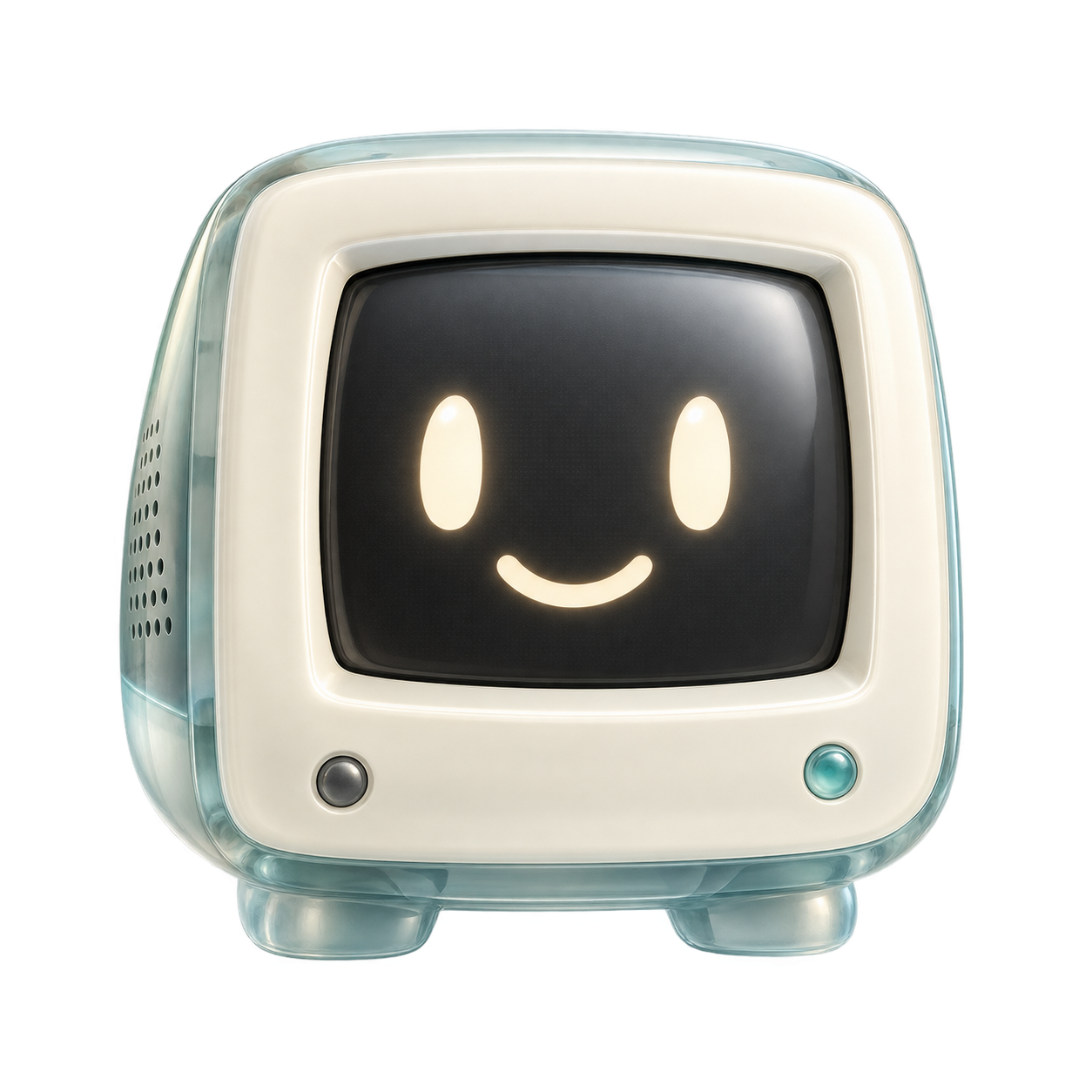 A cheerful little translucent computer with a smiling face